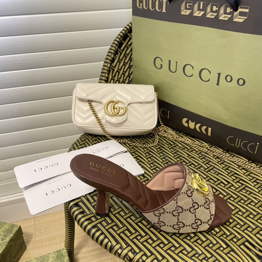 Gucci Electric Embroidered Light Luxury High Heel Women's Sandals Genuine Leather Flip Flops