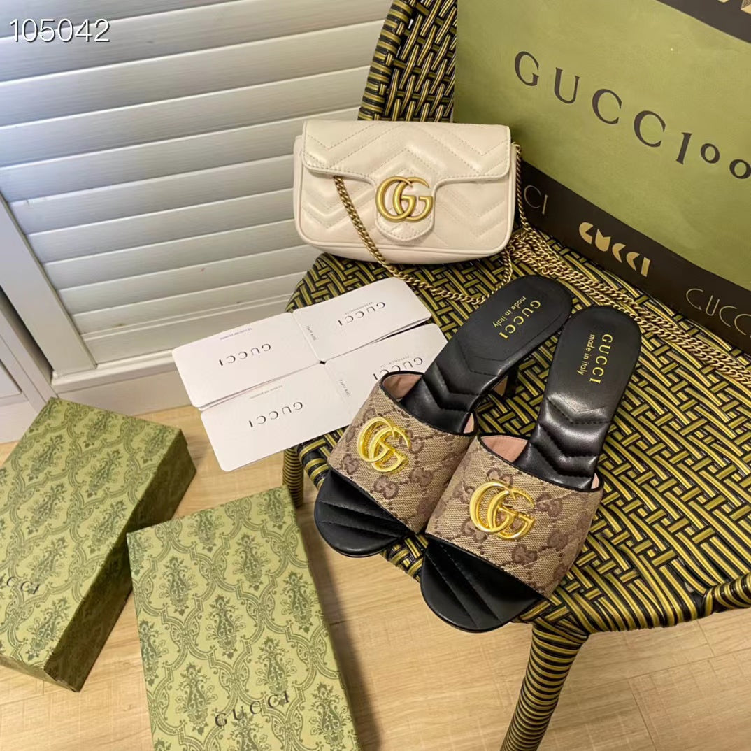 Gucci Electric Embroidered Light Luxury High Heel Women's Sandals Genuine Leather Flip Flops