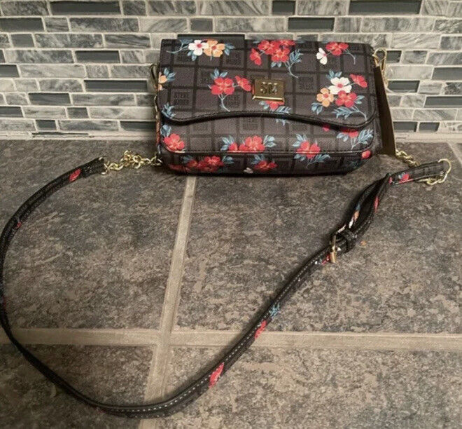 Steve Madden Btory Black and Floral Logo Bag Crossbody with Gold Chain