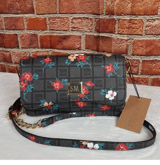 Steve Madden Btory Black and Floral Logo Bag Crossbody with Gold Chain