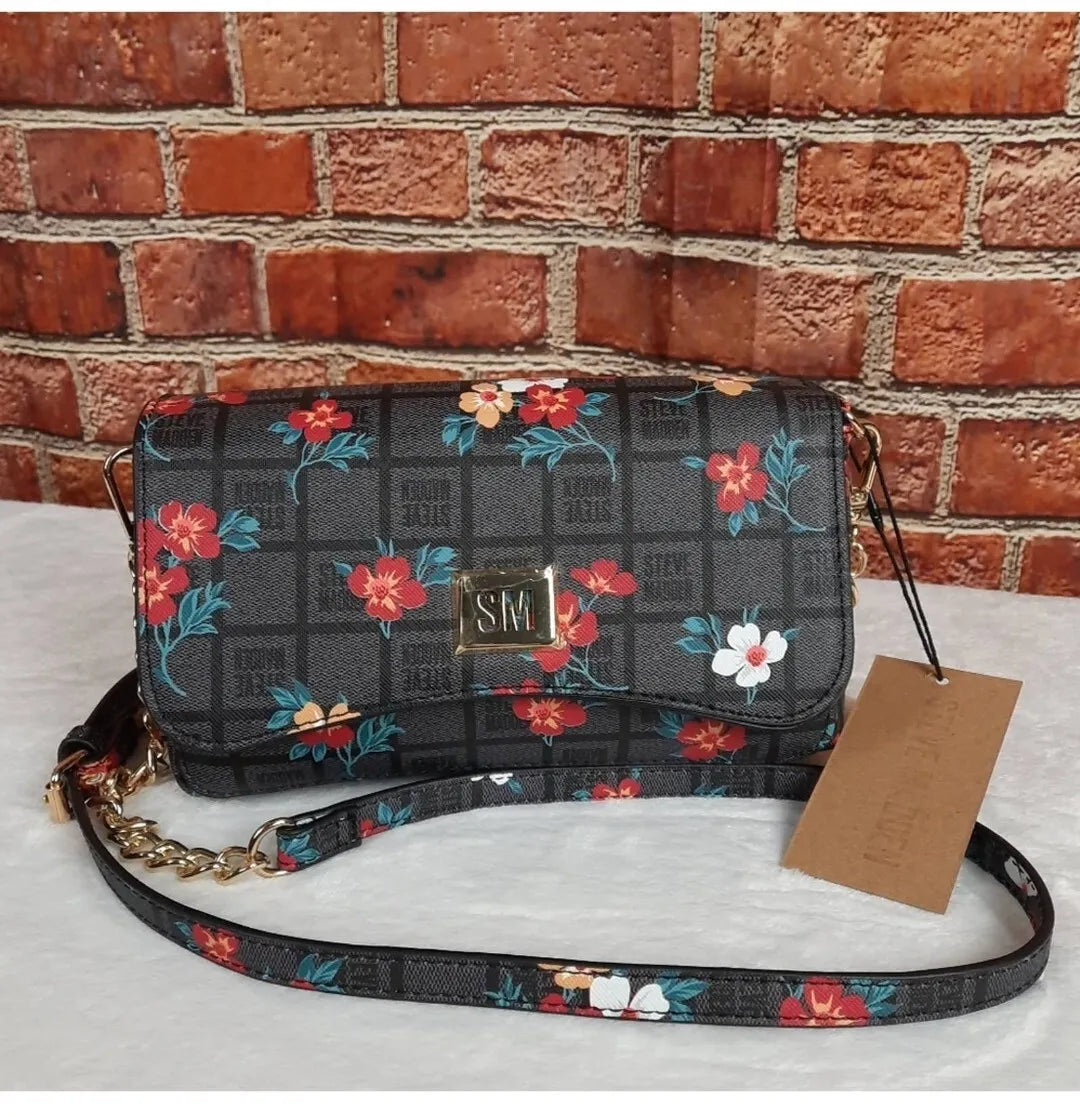 Steve Madden Btory Black and Floral Logo Bag Crossbody with Gold Chain