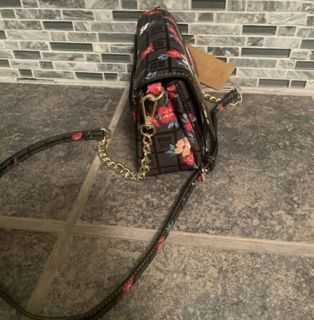 Steve Madden Btory Black and Floral Logo Bag Crossbody with Gold Chain