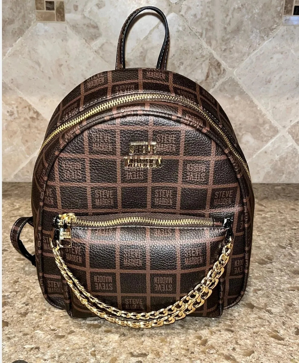 NWT STEVE MADDEN BNURI AUTHENTIC WOMEN'S SCHOOL WORK CHAIN BROWN  MINI BACKPACK