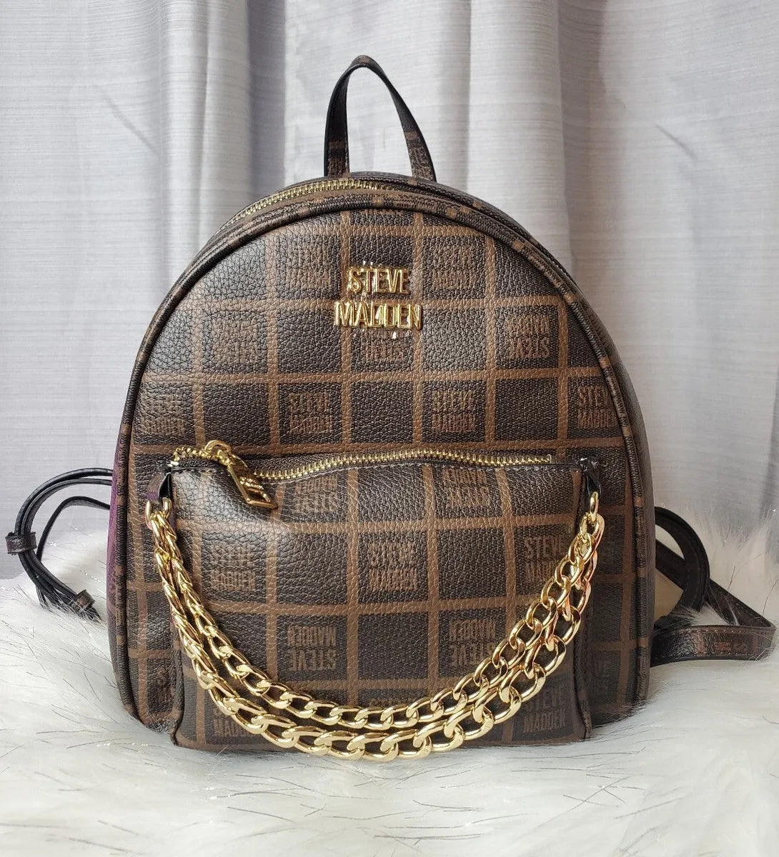 NWT STEVE MADDEN BNURI AUTHENTIC WOMEN'S SCHOOL WORK CHAIN BROWN  MINI BACKPACK