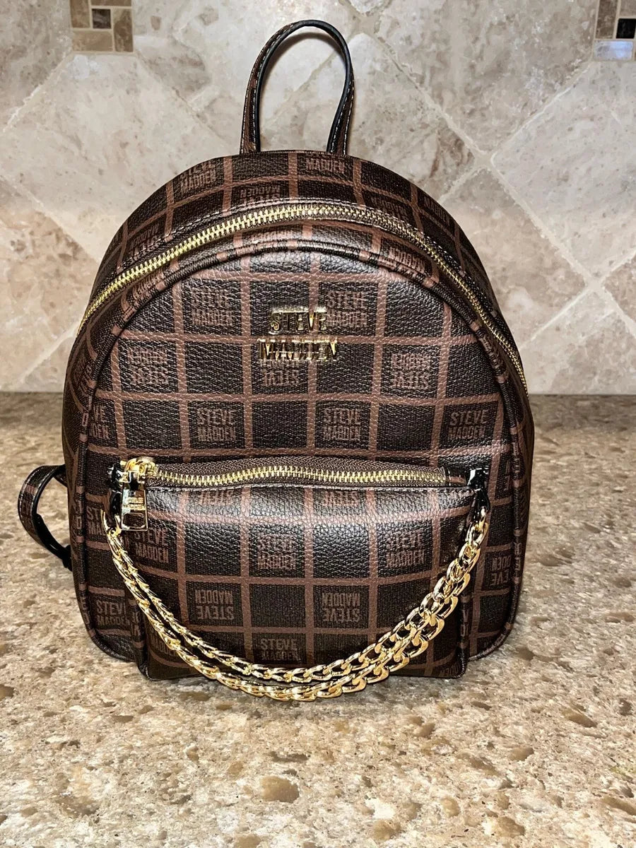 NWT STEVE MADDEN BNURI AUTHENTIC WOMEN'S SCHOOL WORK CHAIN BROWN  MINI BACKPACK